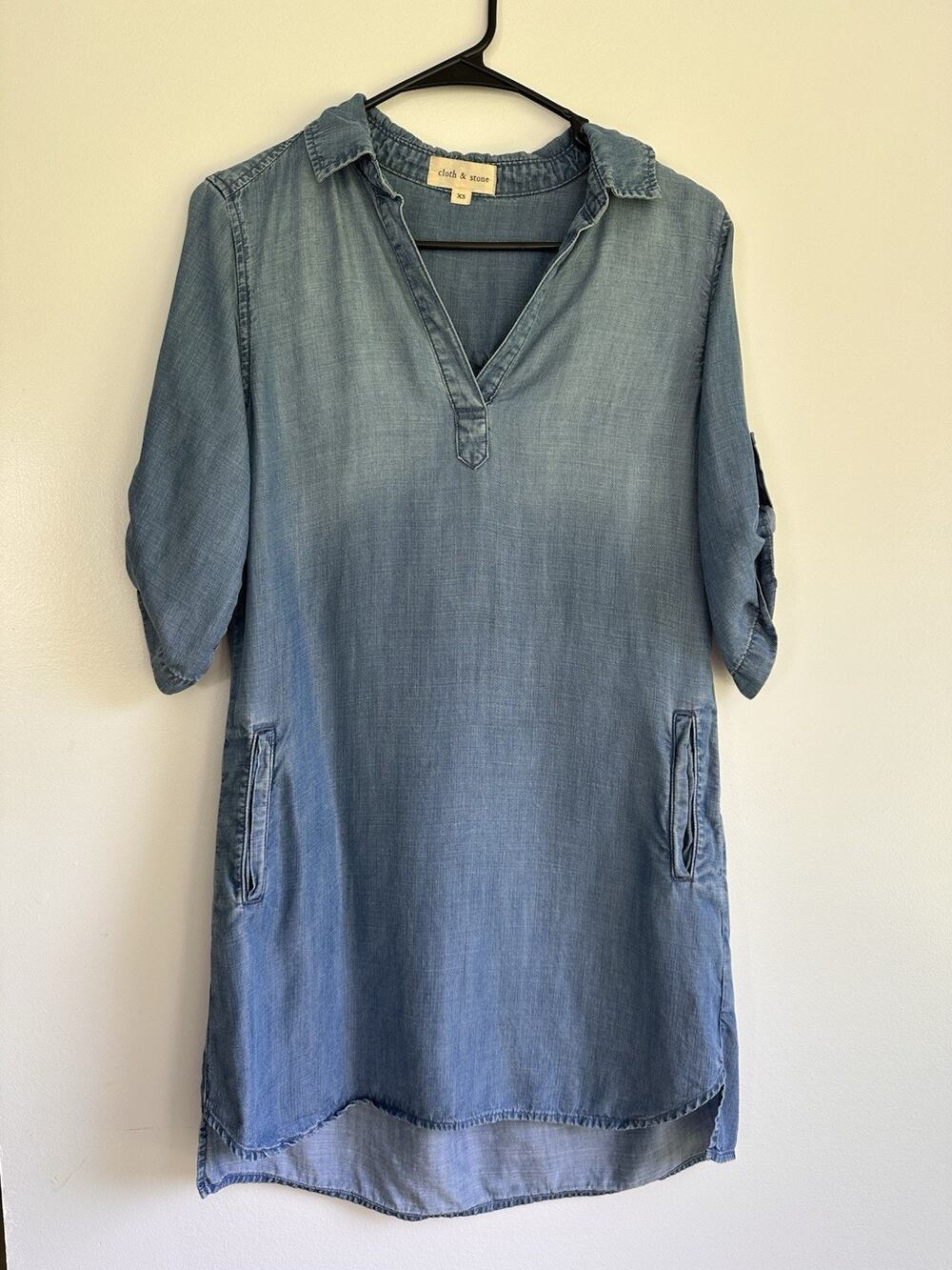 Cloth & Stone Anthropologie Chambray Tunic Shirt Dress Sz XS Roll Tab Minimalis